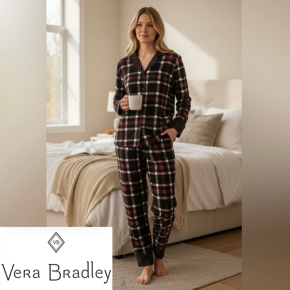 Vera Bradley Women’s Pajama Set Notch Collar Red/Black Plaid 2 Piece Size S NWT
